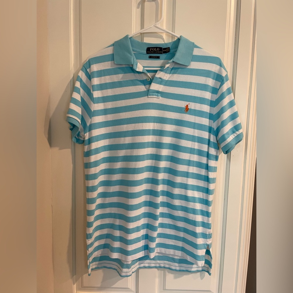 Men’s blue and white stripped classic polo collard shirt. Size Medium